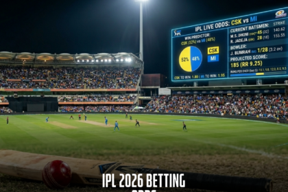 IPL 2026 live match scene showing CSK vs MI with betting odds displayed on the scoreboard. The image captures a night-time cricket stadium filled with spectators, featuring key stats such as the current batsmen’s performance, bowler stats, and projected score.