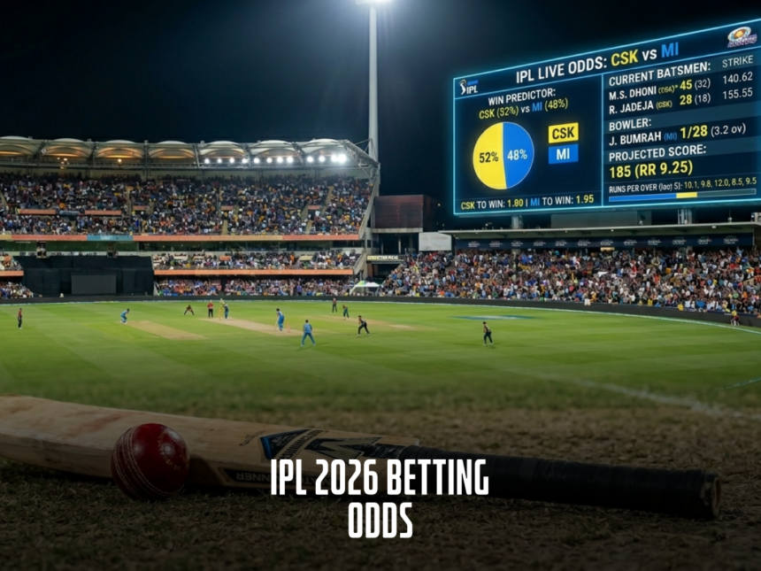 IPL 2026 live match scene showing CSK vs MI with betting odds displayed on the scoreboard. The image captures a night-time cricket stadium filled with spectators, featuring key stats such as the current batsmen’s performance, bowler stats, and projected score.